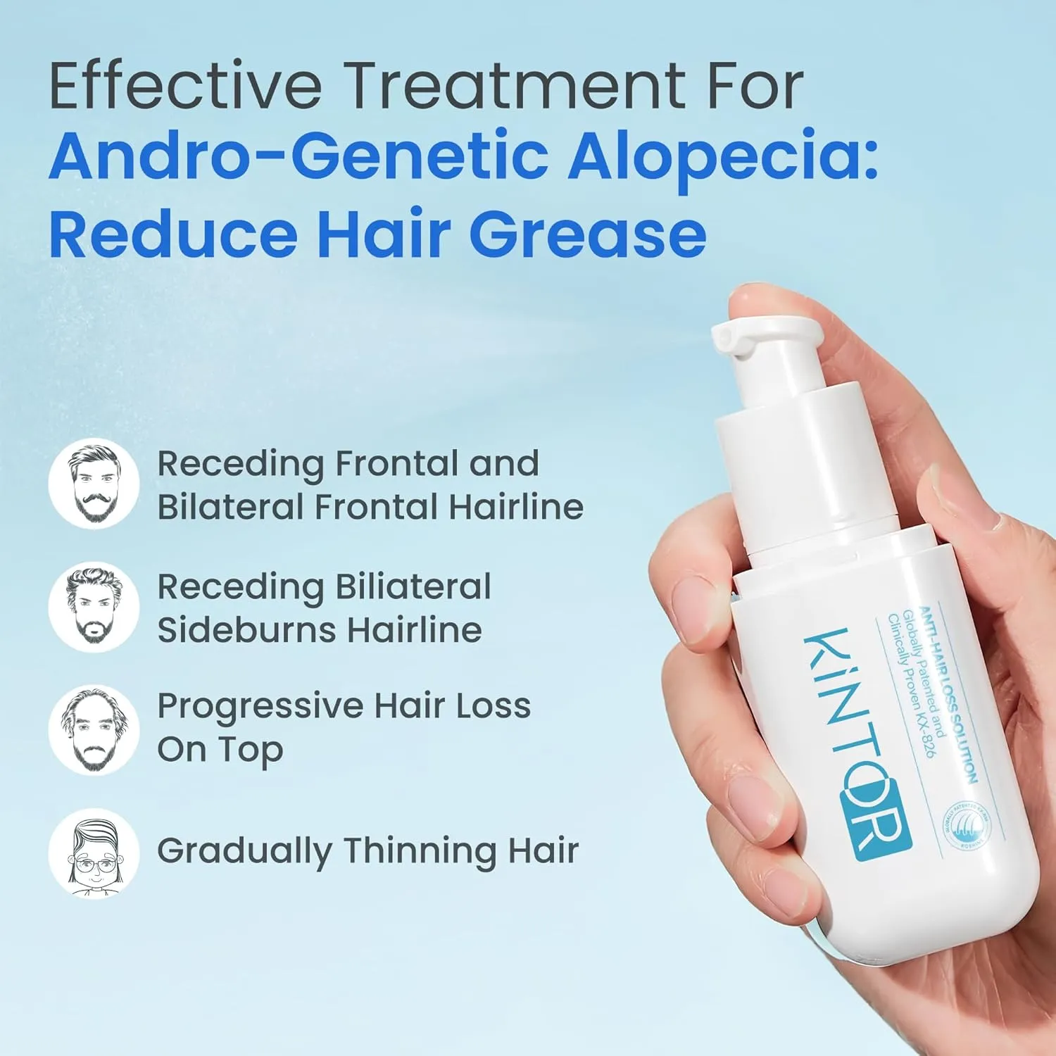 0.5% KX-826 DHT Blocker Hair Regrowth Treatments,3 Days Oil Control 1-2 Weeks Hair Loss Reduction 4-6 Weeks New Hair Visible,Hair Growth Spray Growth Products for Men&Women -1 Month Supply 60ml