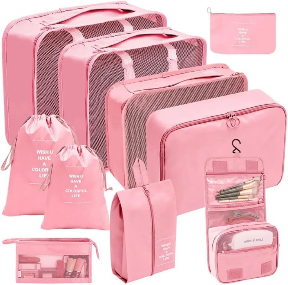 10 Pcs Travel Organizer Storage Bags Suitcase Packing Cubes Cases Portable Wardrobe Luggage Clothes Shoe Pouch Fold (Pink)