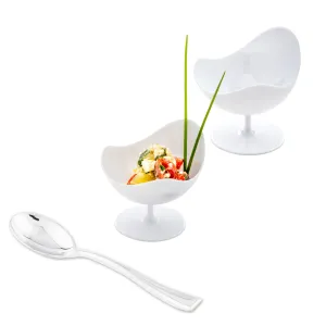 100 2 oz Round White Plastic Ball Chairs and 100 Silver Plastic 4" Mini Spoons