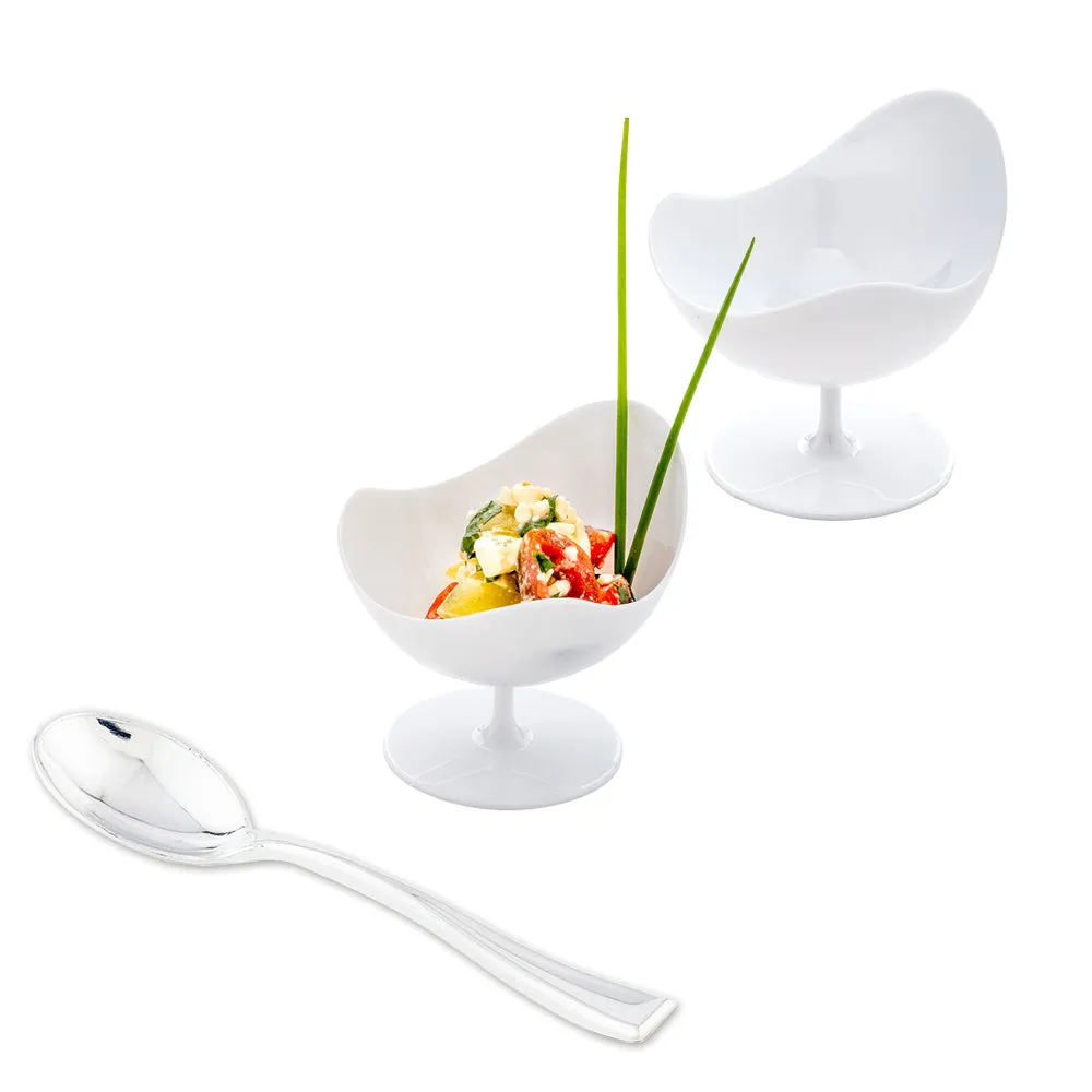 100 2 oz Round White Plastic Ball Chairs and 100 Silver Plastic 4" Mini Spoons