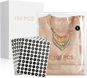 100PCS 10"x13" T-shirt Packaging Bags with Cardboard and Clothing Size Stickers, Thick Clear Plastic Cellophane Tee Shirt Packing Wrapping Clothes Bags, T-shirt Package Set