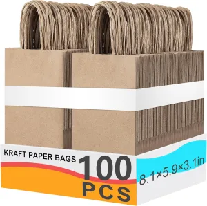 100pcs gift bags with handles8.1x5.9x3.1 InchMedium gift bagsBrown paper bags For Festival,Birthday, Favor,Party,Shopping,Retail Merchandise