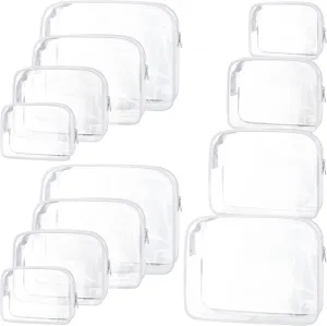 12 Pack Clear Cosmetic Bag Zippered Travel Toiletry Bags Transparent Makeup Pouch Portable PVC Waterproof Organizer 4 Sizes Plastic Carry Pouch for Women Men Travel Home Bathroom, White