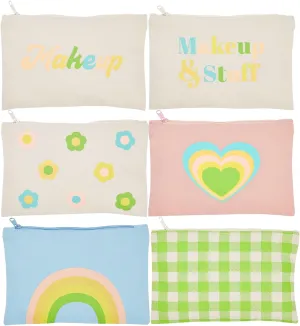 12 Pack Rainbow Pastel Canvas Makeup Bags for Women with Zipper, 4 Colors and 6 Designs (8 x 6 In)