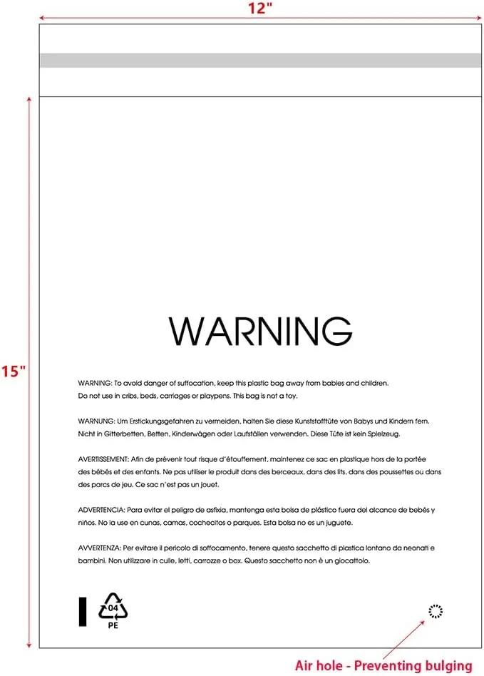 12 X 15 (100 Count) Clear Poly Bags with Suffocation Warning for Packaging, T Shirts & Mailing - Permanent Adhesive (100 Count 12''x15'')