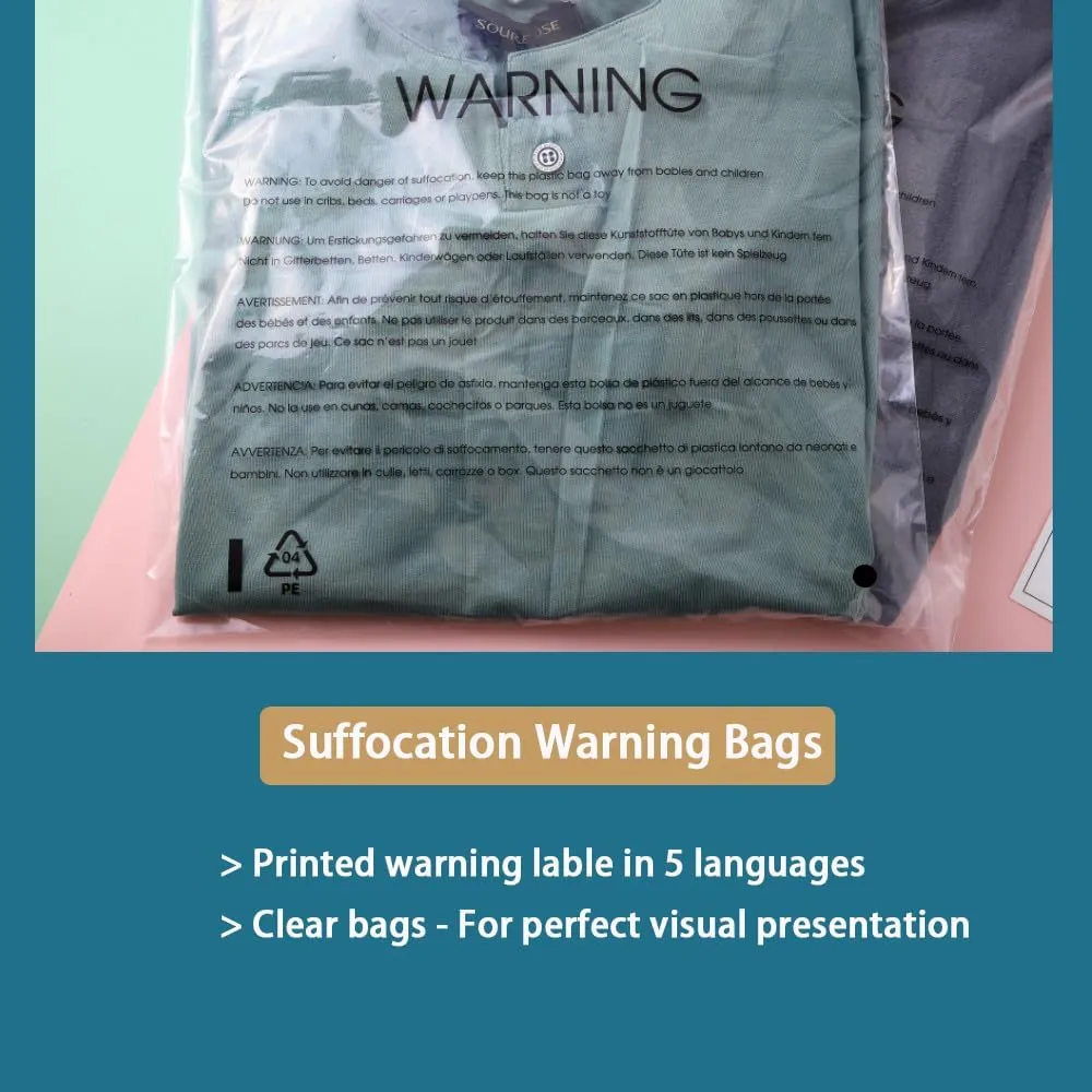 12 X 15 (100 Count) Clear Poly Bags with Suffocation Warning for Packaging, T Shirts & Mailing - Permanent Adhesive (100 Count 12''x15'')