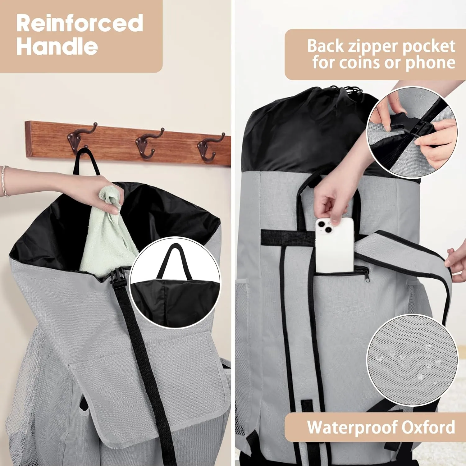 132L Laundry Bag Backpack, Extra Large Travel Heavy Duty Landry Bags with Shoulder Straps and Mesh Pocket, Drawstring Closure Design Laundry Hamper Bag for College Dorm, Laundromat, Apartment, Grey