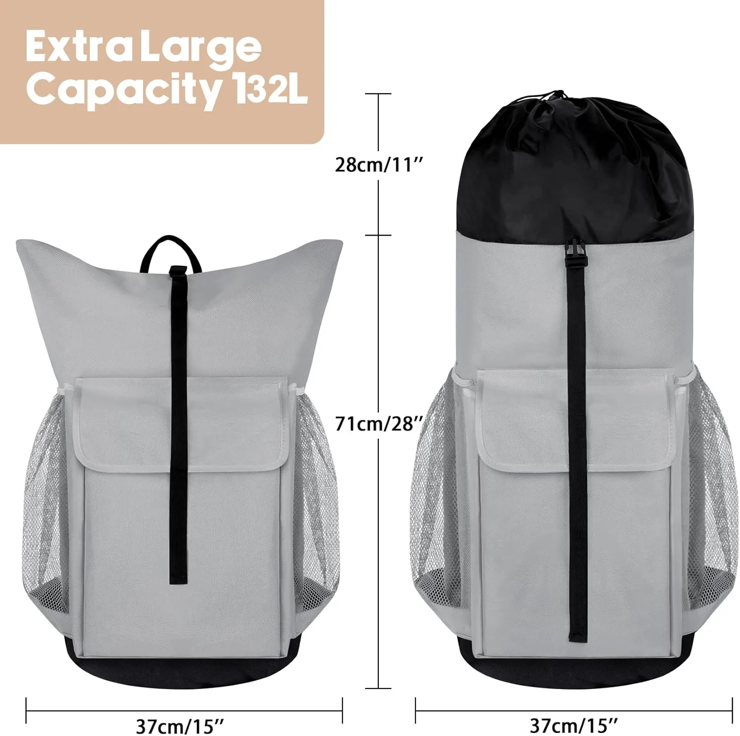 132L Laundry Bag Backpack, Extra Large Travel Heavy Duty Landry Bags with Shoulder Straps and Mesh Pocket, Drawstring Closure Design Laundry Hamper Bag for College Dorm, Laundromat, Apartment, Grey