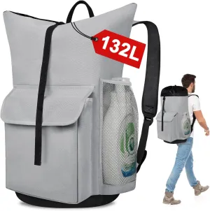 132L Laundry Bag Backpack, Extra Large Travel Heavy Duty Landry Bags with Shoulder Straps and Mesh Pocket, Drawstring Closure Design Laundry Hamper Bag for College Dorm, Laundromat, Apartment, Grey