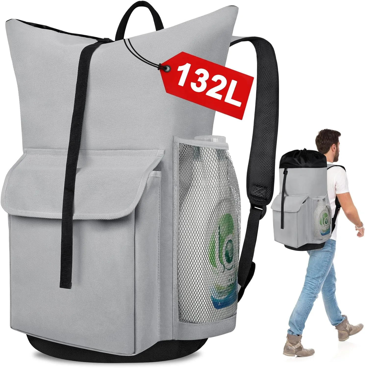 132L Laundry Bag Backpack, Extra Large Travel Heavy Duty Landry Bags with Shoulder Straps and Mesh Pocket, Drawstring Closure Design Laundry Hamper Bag for College Dorm, Laundromat, Apartment, Grey