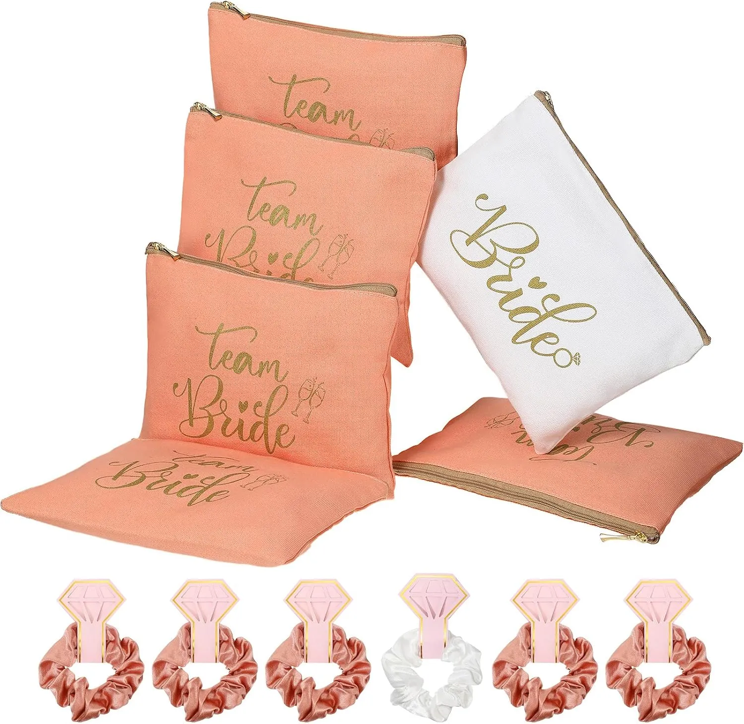 18 Pieces Wedding Bride Makeup Bags Set Include 6 Brides Cosmetic Pouches Wedding Canvas Bags 6 Bridal Satin Hair Scrunchies Rose-gold Hair Ropes 6 Wedding Cards for Brides Bridesmaids Wedding Party