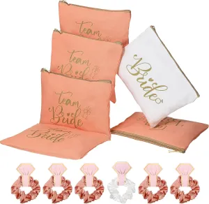 18 Pieces Wedding Bride Makeup Bags Set Include 6 Brides Cosmetic Pouches Wedding Canvas Bags 6 Bridal Satin Hair Scrunchies Rose-gold Hair Ropes 6 Wedding Cards for Brides Bridesmaids Wedding Party