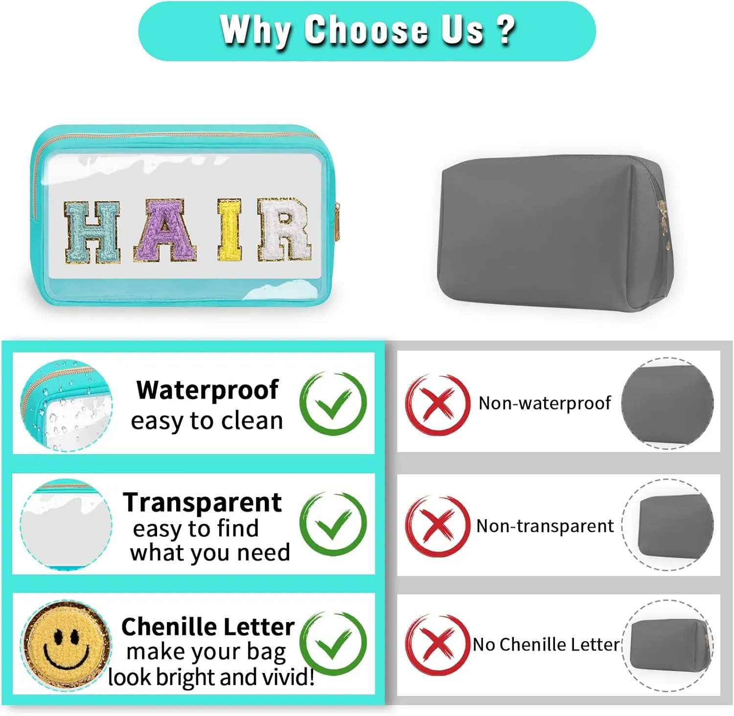 2 Pack Chenille Letter Clear Makeup Bags Face Hair Pouch, Preppy Patch Travel Face Bag Pink Clear Pouches With Zipper, Travel Hair Bags for Hair Stuff Waterproof Cosmetic Toiletry Storage(HAIR FACE)