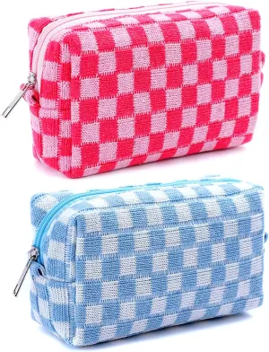 2 Pack Cosmetic Bags Checkered Canvas Makeup Bag Small Organizer Travel Toiletry Pouch for Women(Blue and Hotpink)