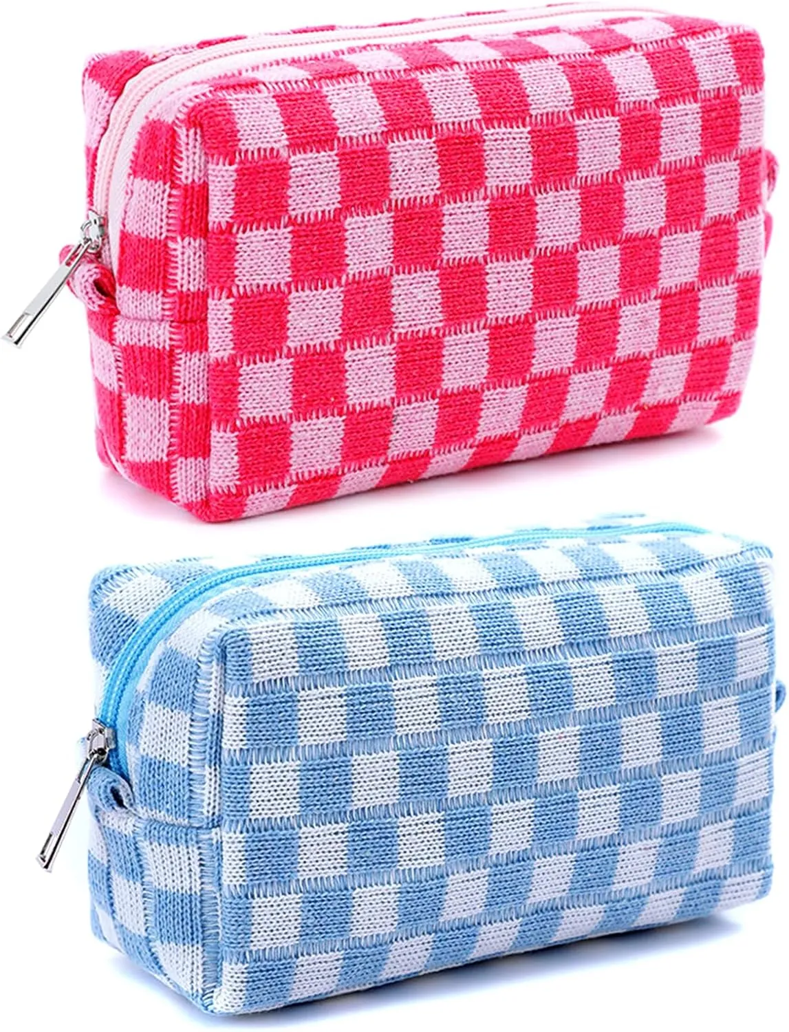2 Pack Cosmetic Bags Checkered Canvas Makeup Bag Small Organizer Travel Toiletry Pouch for Women(Blue and Hotpink)