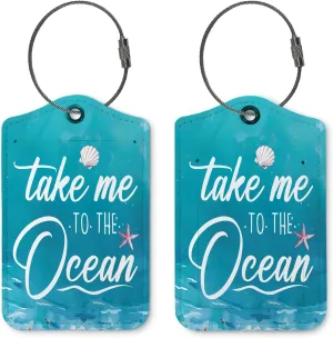 2 Pack Luggage Tags for Suitcases,Beach Vacation Gifts,Baggage Tags Travel Suitcase Tags,Blue Label with Steel Loop,Traveling Accessories,Starfish Ocean Sea Theme,Take Me to The Ocean