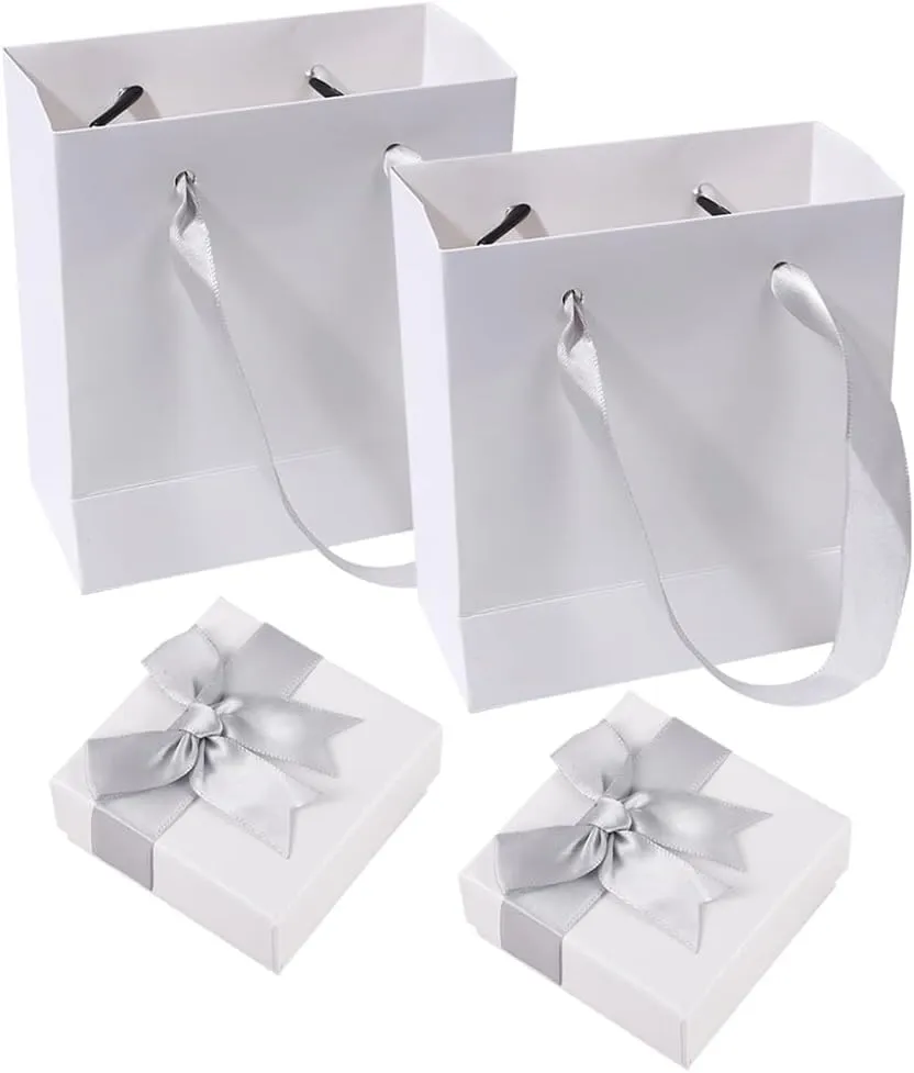 2 Pcs Jewelry Cardboard Boxes with Ribbon Bow 2 Pcs Jewelry Storage Bags Bracelet Gift Cases Necklace Storage Paper Boxes White Gift Package Bags with Handle for Bracelet Earring