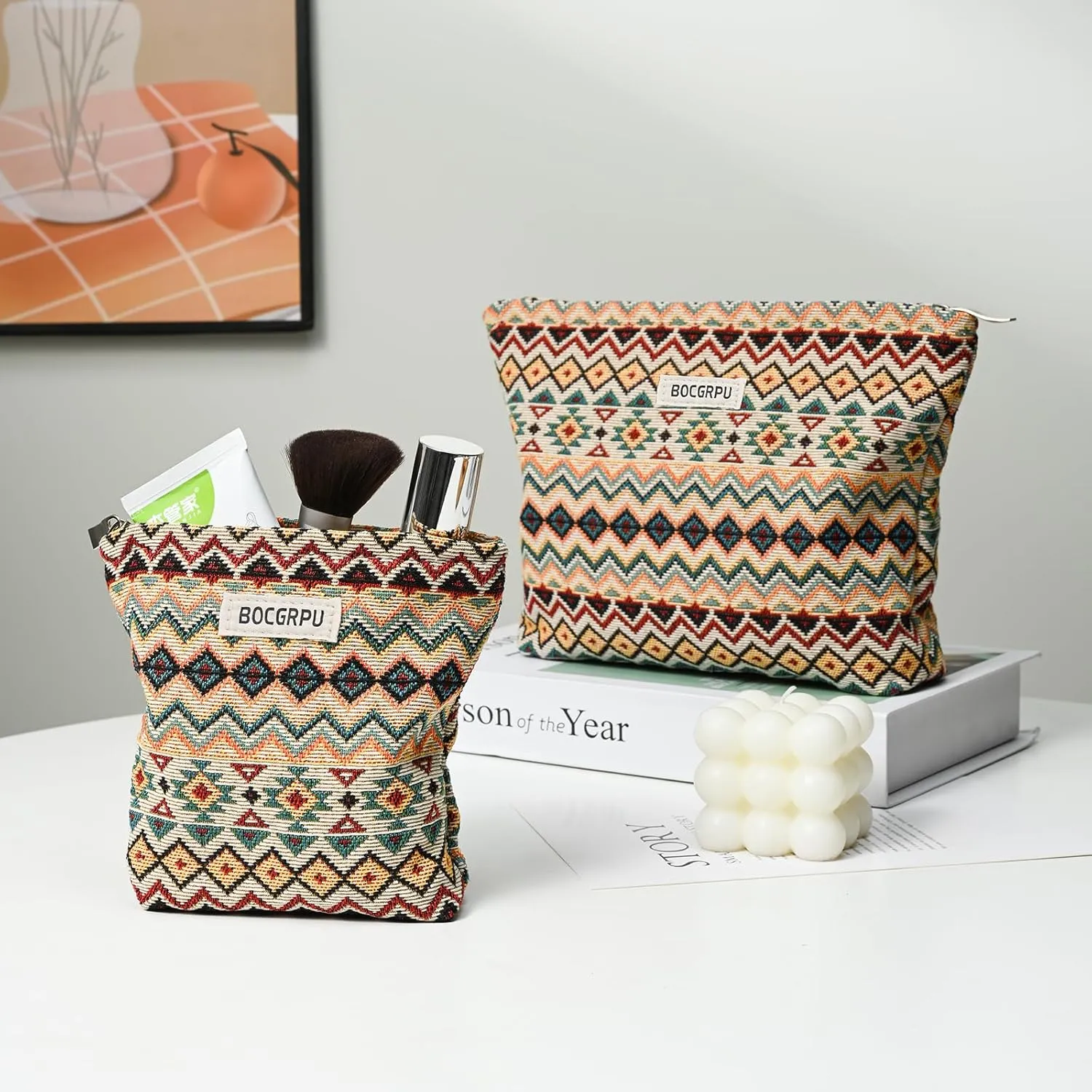 2 PCS Makeup Bag SetPortable Small Cosmetic Bag for Purse Large Storage Capacity Toiletry Bag OrganizerTravel Pouch with Zipper for Women, (Bohemian Style)