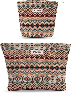 2 PCS Makeup Bag SetPortable Small Cosmetic Bag for Purse Large Storage Capacity Toiletry Bag OrganizerTravel Pouch with Zipper for Women, (Bohemian Style)