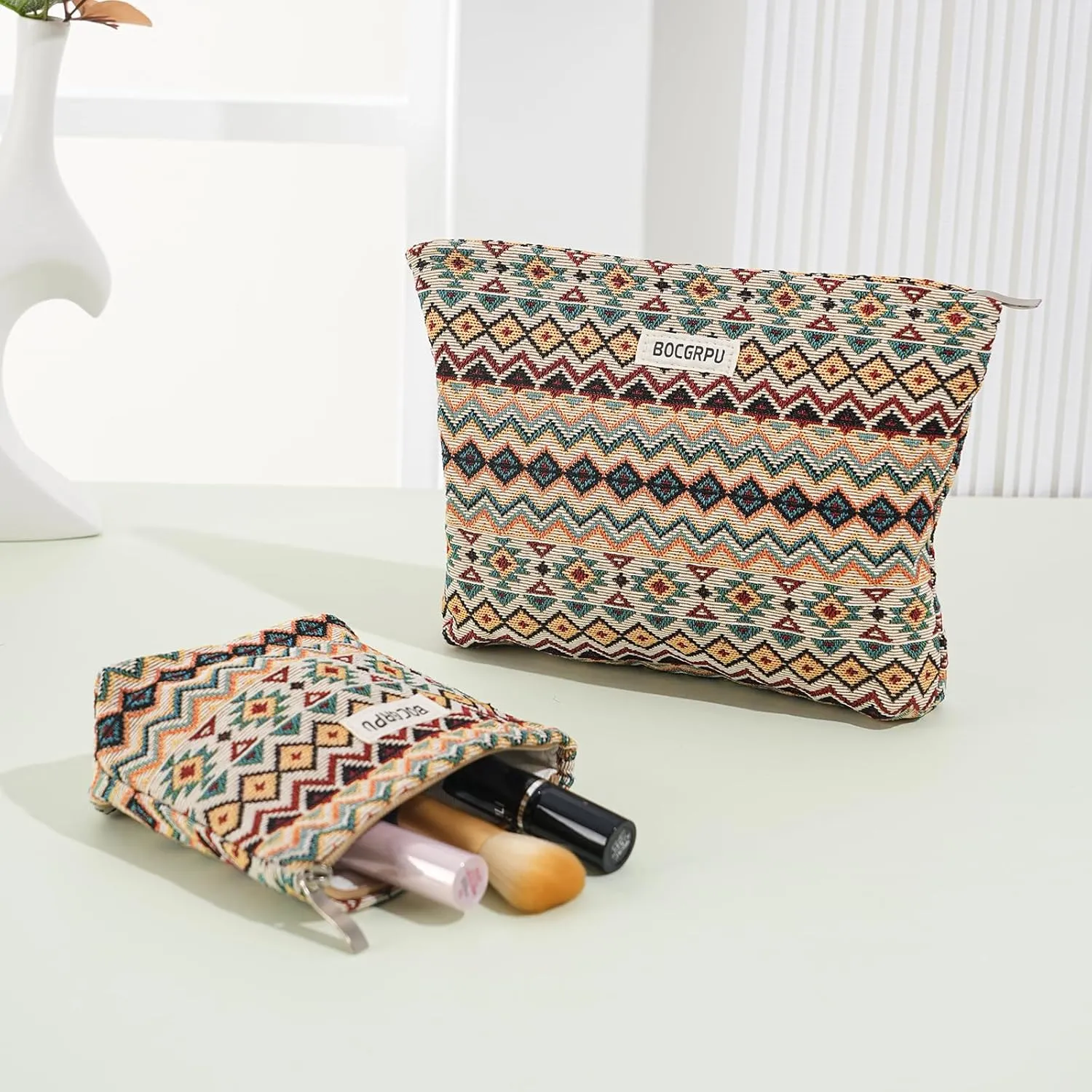 2 PCS Makeup Bag SetPortable Small Cosmetic Bag for Purse Large Storage Capacity Toiletry Bag OrganizerTravel Pouch with Zipper for Women, (Bohemian Style)