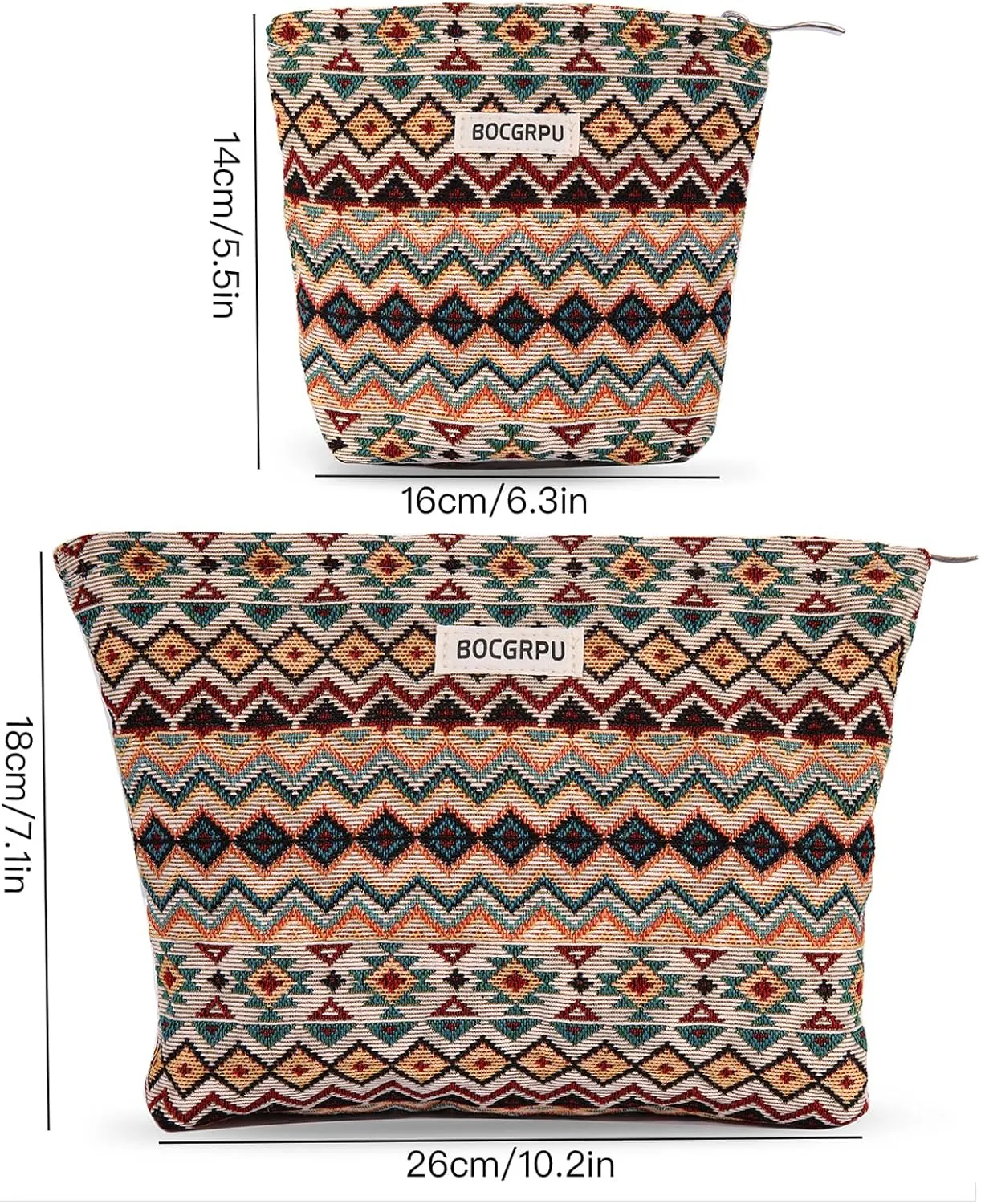 2 PCS Makeup Bag SetPortable Small Cosmetic Bag for Purse Large Storage Capacity Toiletry Bag OrganizerTravel Pouch with Zipper for Women, (Bohemian Style)