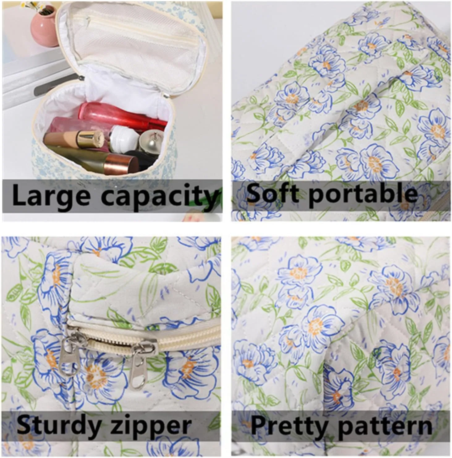2 Pcs Quilted Makeup Bag,Cotton Coquette Make up Bag Set,Floral Cute Makeup Bags Large Travel Toiletry Cosmetic Bag Organizer for Women Girls (A)