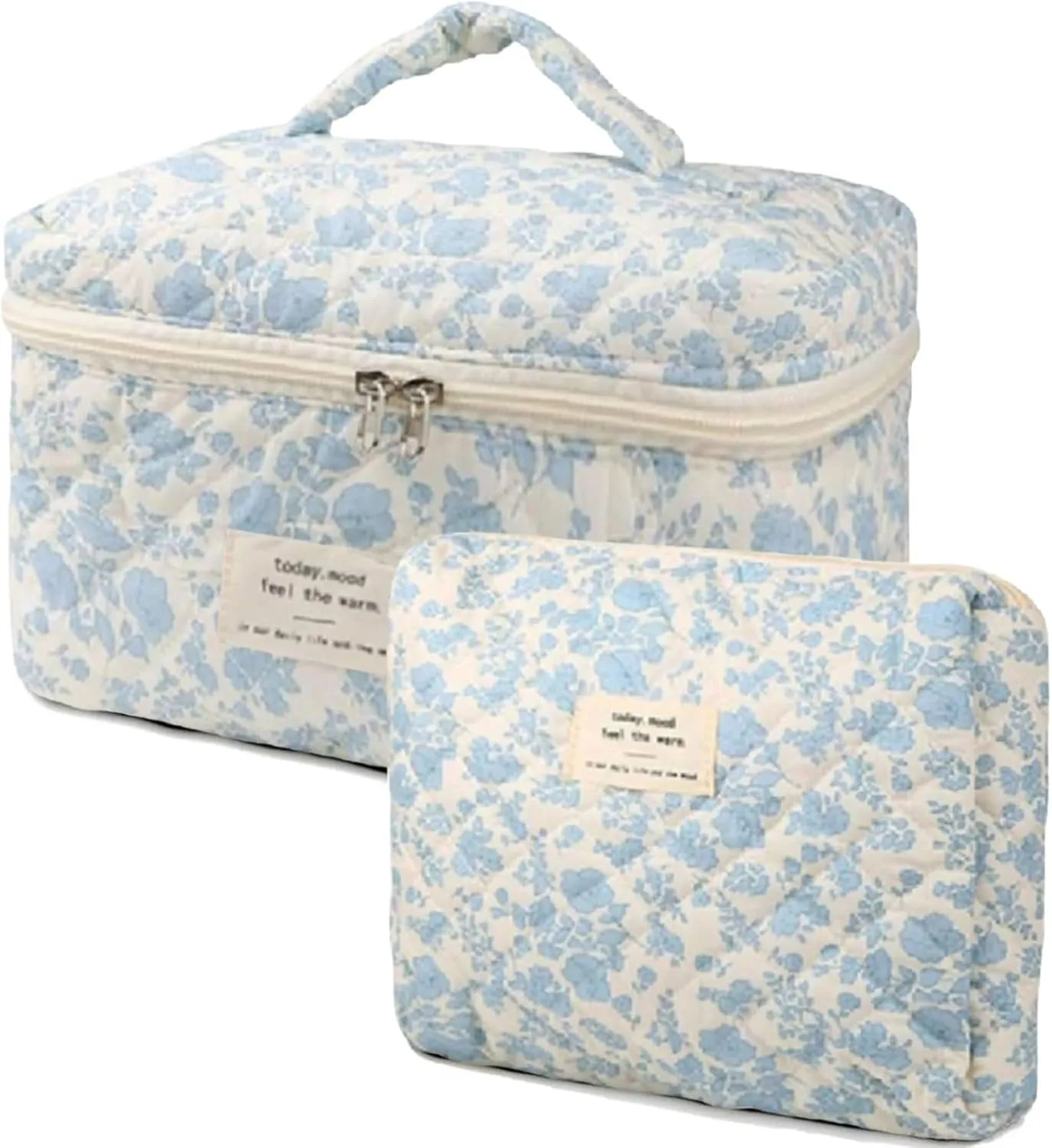 2 Pcs Quilted Makeup Bag,Cotton Coquette Make up Bag Set,Floral Cute Makeup Bags Large Travel Toiletry Cosmetic Bag Organizer for Women Girls (A)