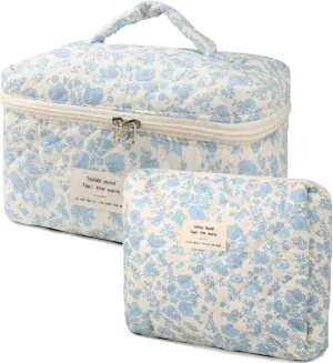 2 Pcs Quilted Makeup Bag,Cotton Coquette Make up Bag Set,Floral Cute Makeup Bags Large Travel Toiletry Cosmetic Bag Organizer for Women Girls (A)
