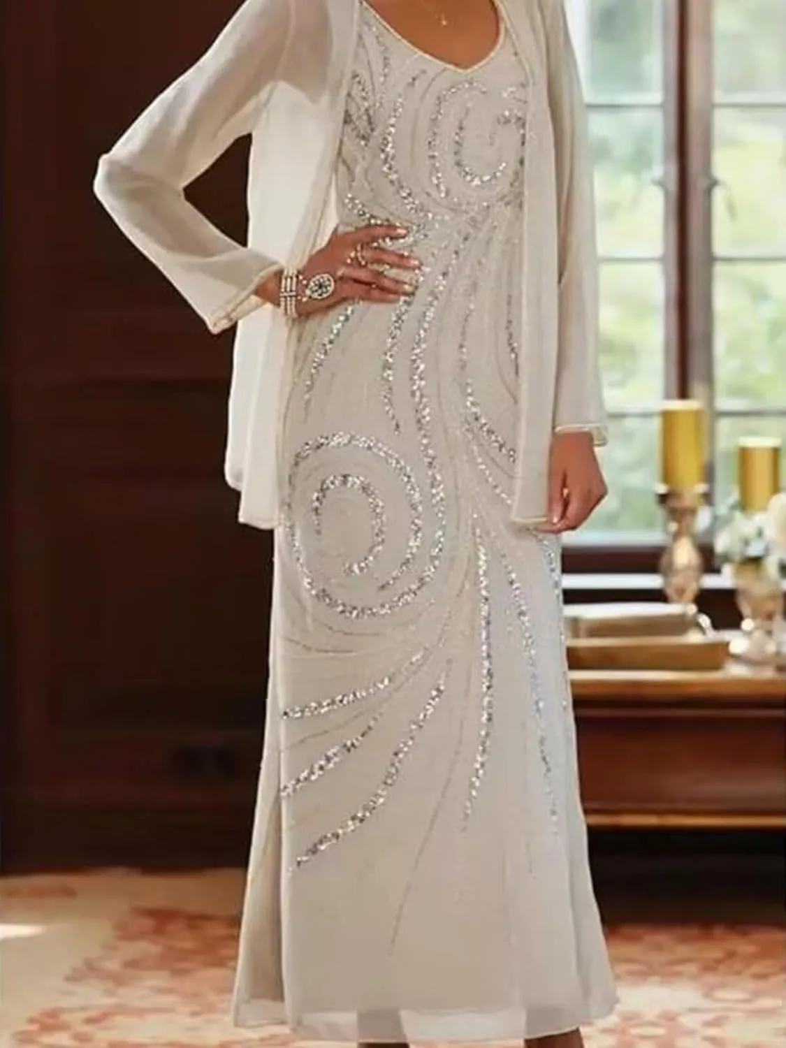 2 Piece Mother of The Bride Dresses for Women with Jacket Long Sleeve Sequin Chiffon Formal Evening Gowns