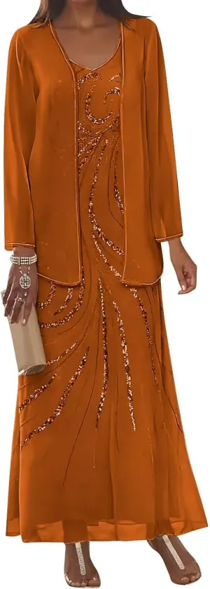 2 Piece Mother of The Bride Dresses for Women with Jacket Long Sleeve Sequin Chiffon Formal Evening Gowns