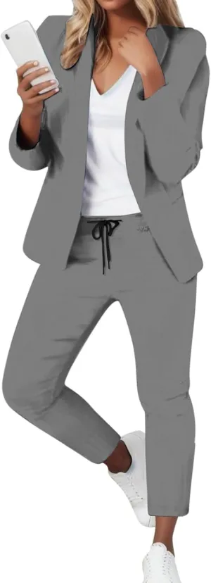 2 Piece Outfits for Women Dressy Blazer Jackets High Waisted Straight Leg Pants Suits Set Business Casual Office