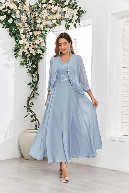 2-Piece Set of Bride Mother Dress with Jacket 3/4 Sleeves Tea Length Mother Groom Dress for 2024 Wedding