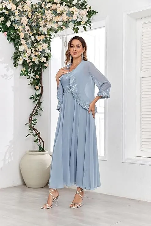 2-Piece Set of Bride Mother Dress with Jacket 3/4 Sleeves Tea Length Mother Groom Dress for 2024 Wedding