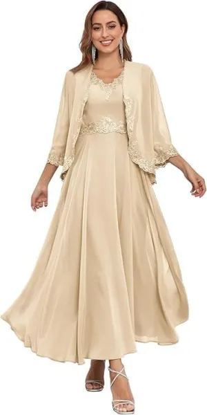 2-Piece Set of Bride Mother Dress with Jacket 3/4 Sleeves Tea Length Mother Groom Dress for 2024 Wedding