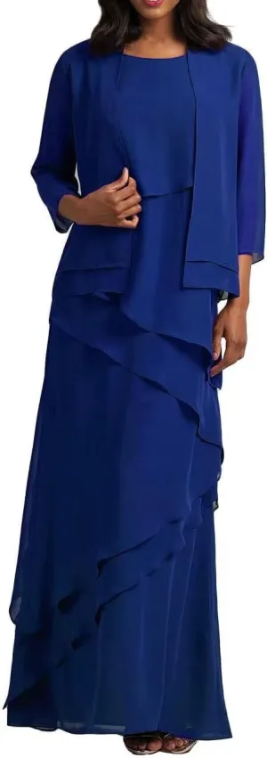 2-Pieces Mother of Bride Dress with Jacket Layered Chiffon Formal Evening Gowns Scoop Neck Mother of The Groom Dress Royal-Blue