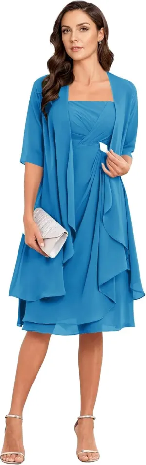 2 Pieces Mother of The Bride Dresses Half Sleeve Chiffon Formal Evening Dress for Wedding