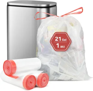 21 Gallon Trash Bags, XL-Large Garbage Bags with Drawstring, 108 Count, Heavy Duty Trash Can Liners for Kitchen Office Yard Commercial Use, Clear