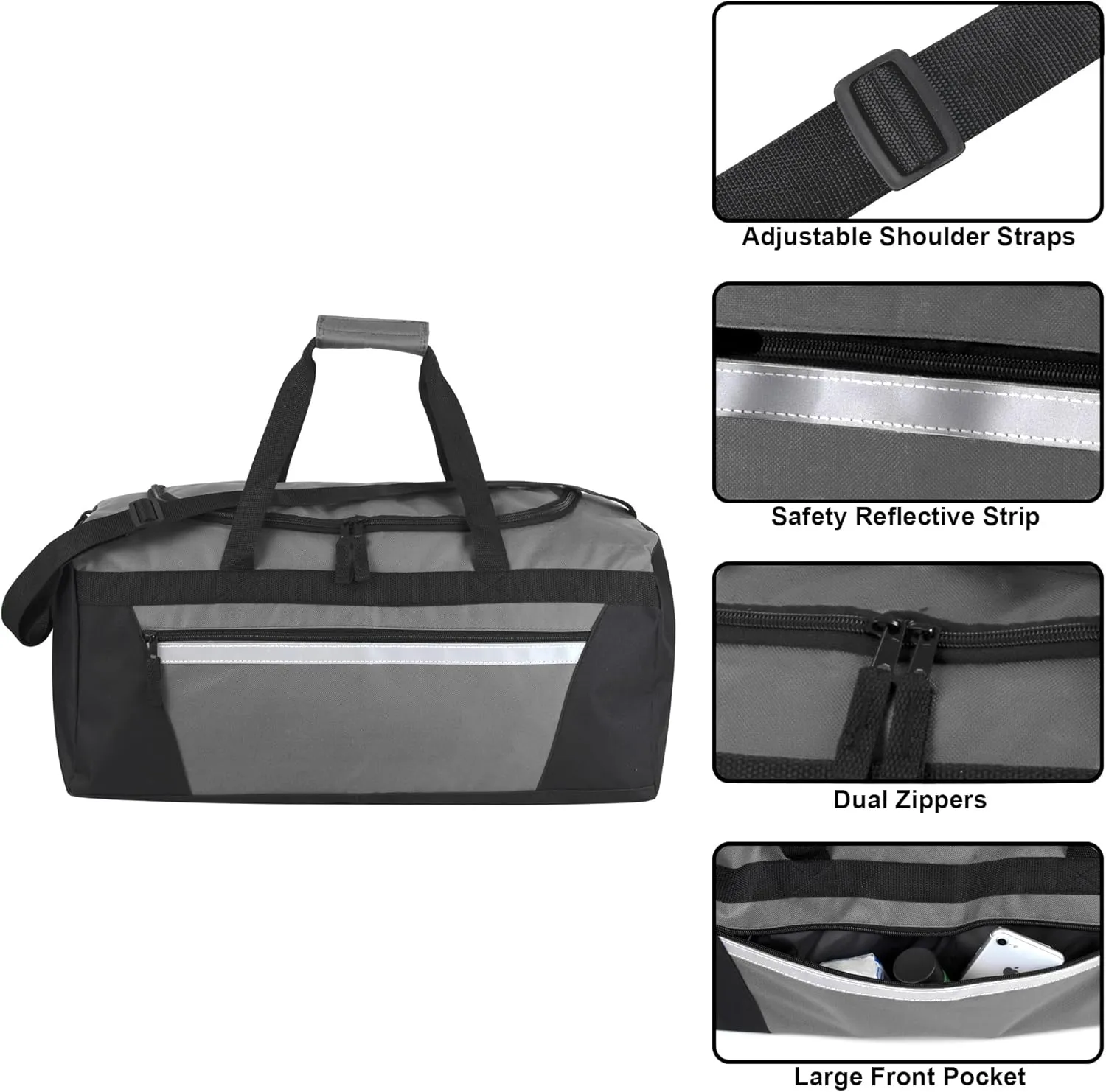 24 Pack Reflective Duffle Bags Bulk for Homeless Adults, Gym, Foster Kids Bulk Duffel Bags Wholesale (Grey Pack)