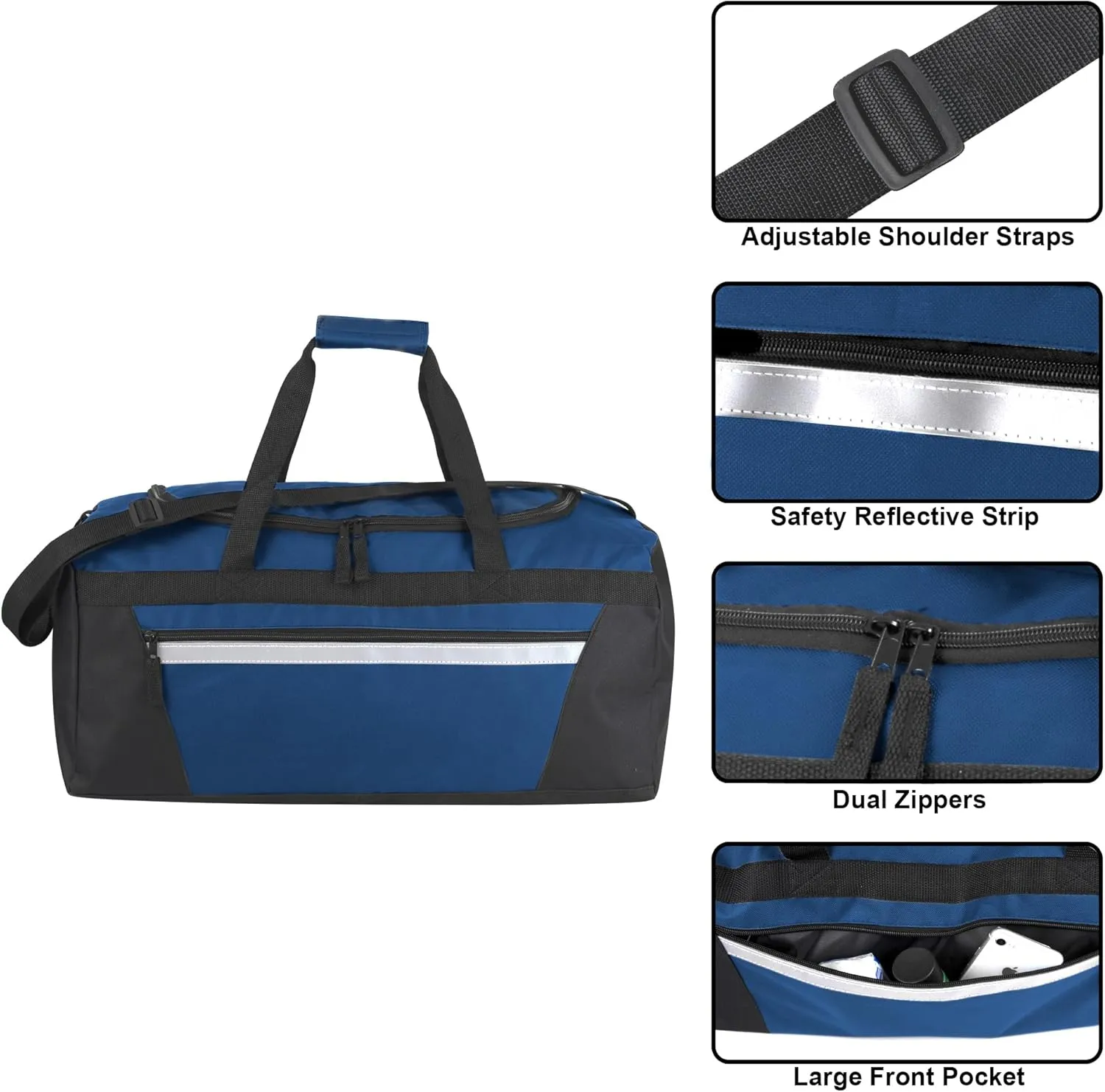 24 Pack Reflective Duffle Bags Bulk for Homeless Adults, Gym, Foster Kids Bulk Duffel Bags Wholesale (Navy Blue Pack)