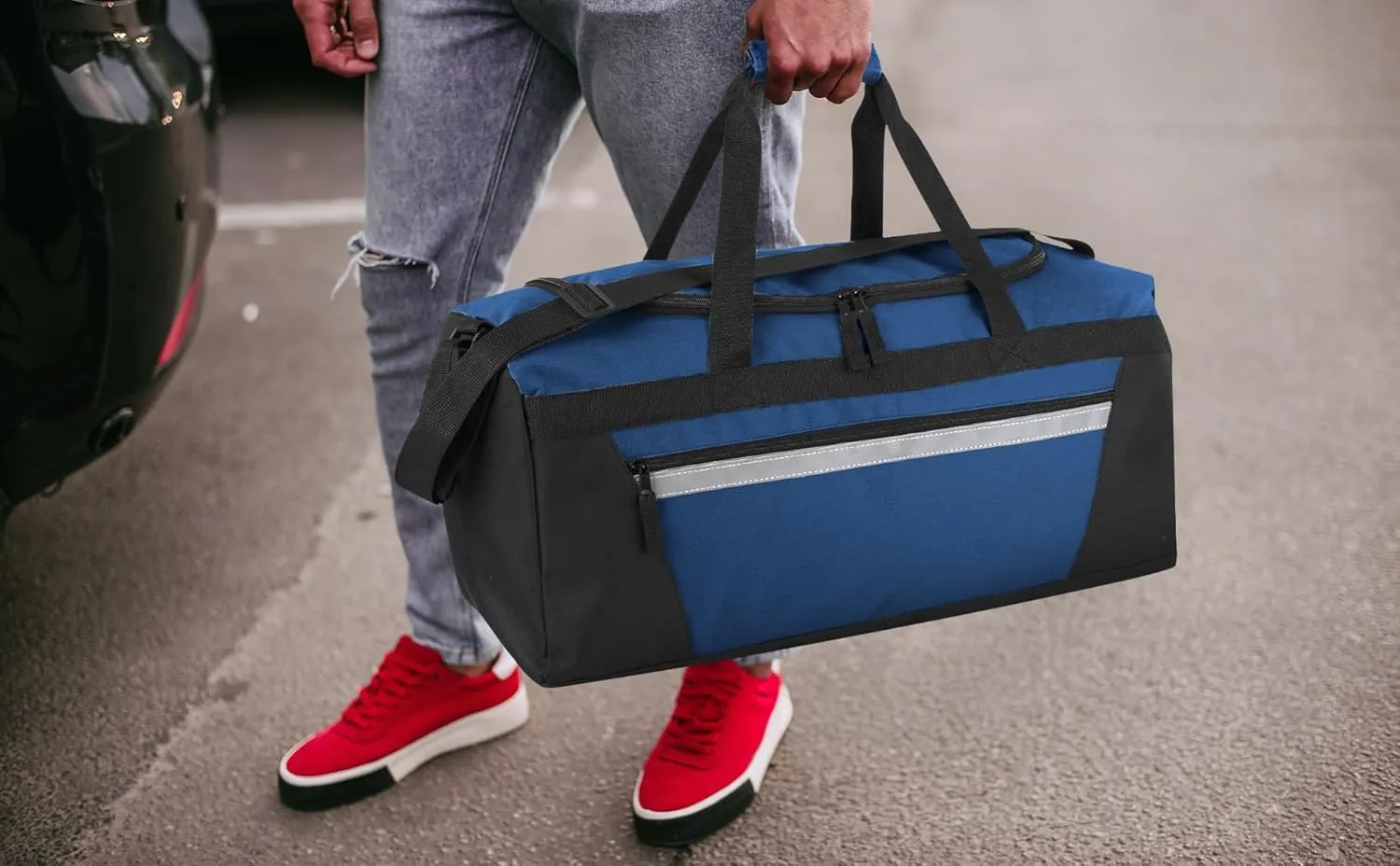 24 Pack Reflective Duffle Bags Bulk for Homeless Adults, Gym, Foster Kids Bulk Duffel Bags Wholesale (Navy Blue Pack)