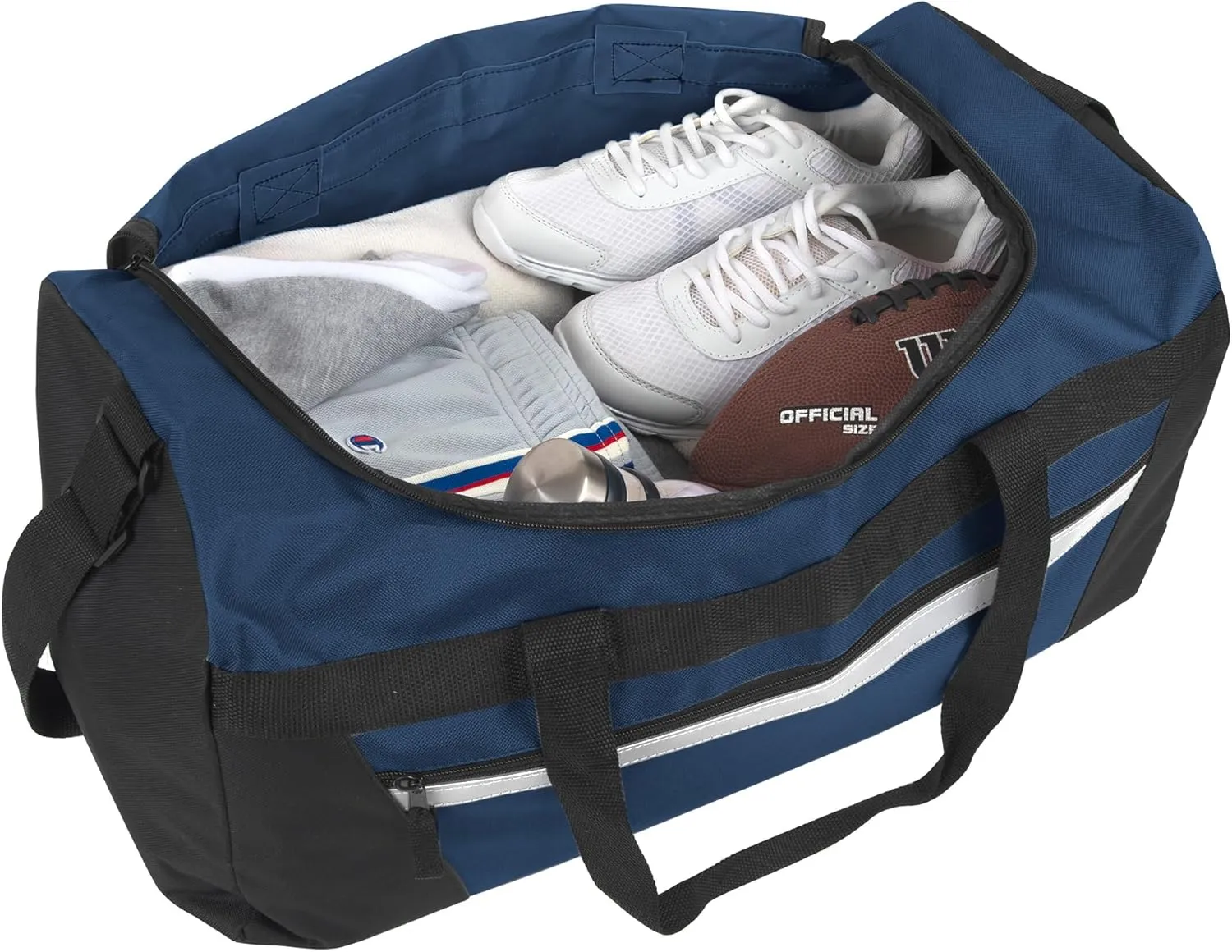 24 Pack Reflective Duffle Bags Bulk for Homeless Adults, Gym, Foster Kids Bulk Duffel Bags Wholesale (Navy Blue Pack)