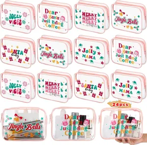 24 Pcs Christmas Makeup Bags Bulk Xmas Clear Waterproof Toiletry Bags with Zipper PVC Cosmetic Bags Multipurpose Travel Pouch Organizer Holiday Gift for Family Friends Schoolmates, 6 Style