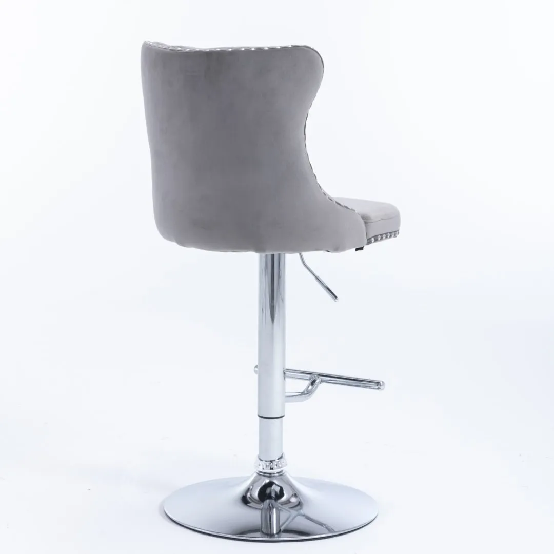2x Height Adjustable Swivel Bar Stool Velvet Stud Barstool with Footrest and Chromed Base- Gray