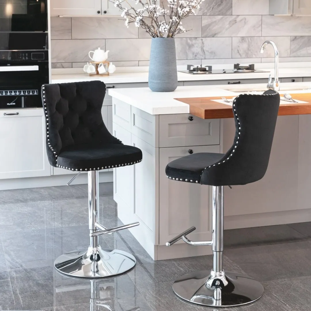 2x Height Adjustable Swivel Bar Stool Velvet Studs Barstool with Footrest and Chromed Base- Black
