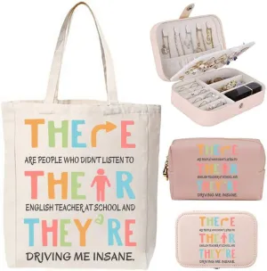 3-In-1 There Their Theyre English Teacher Jewelry Box and Makeup Bag Set For Teacher Gift