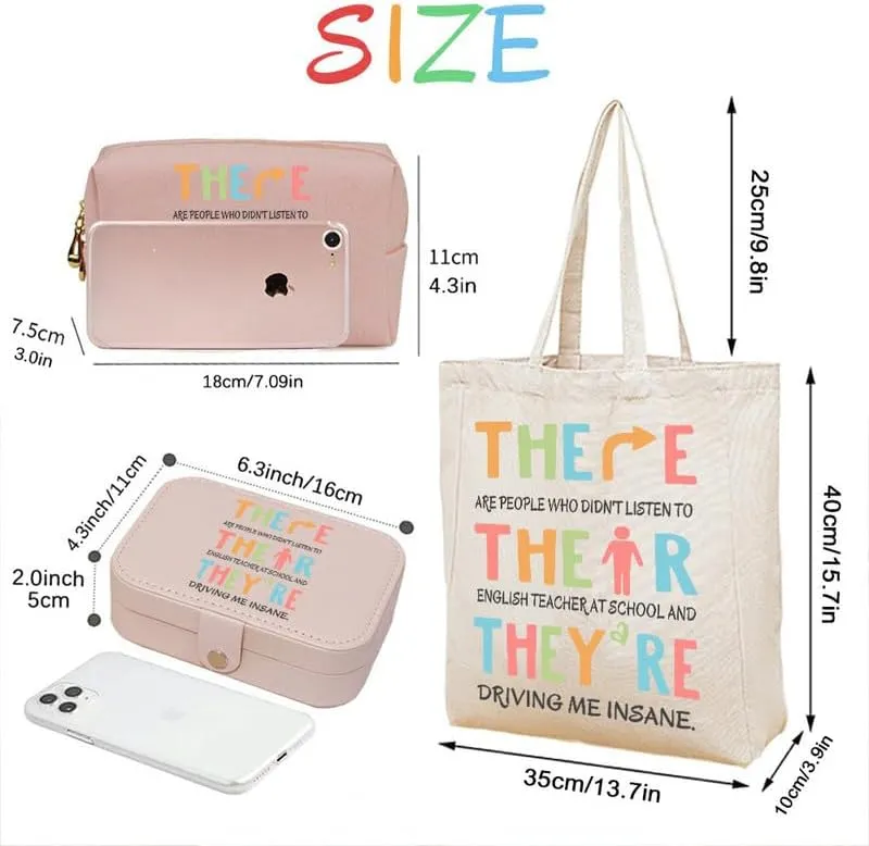 3-In-1 There Their Theyre English Teacher Jewelry Box and Makeup Bag Set For Teacher Gift
