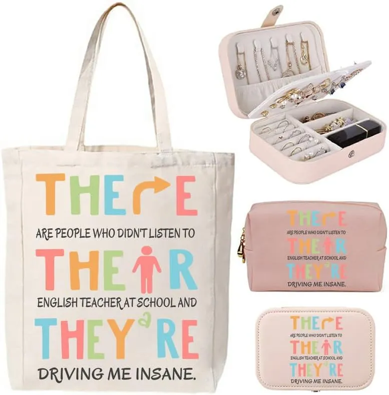 3-In-1 There Their Theyre English Teacher Jewelry Box and Makeup Bag Set For Teacher Gift