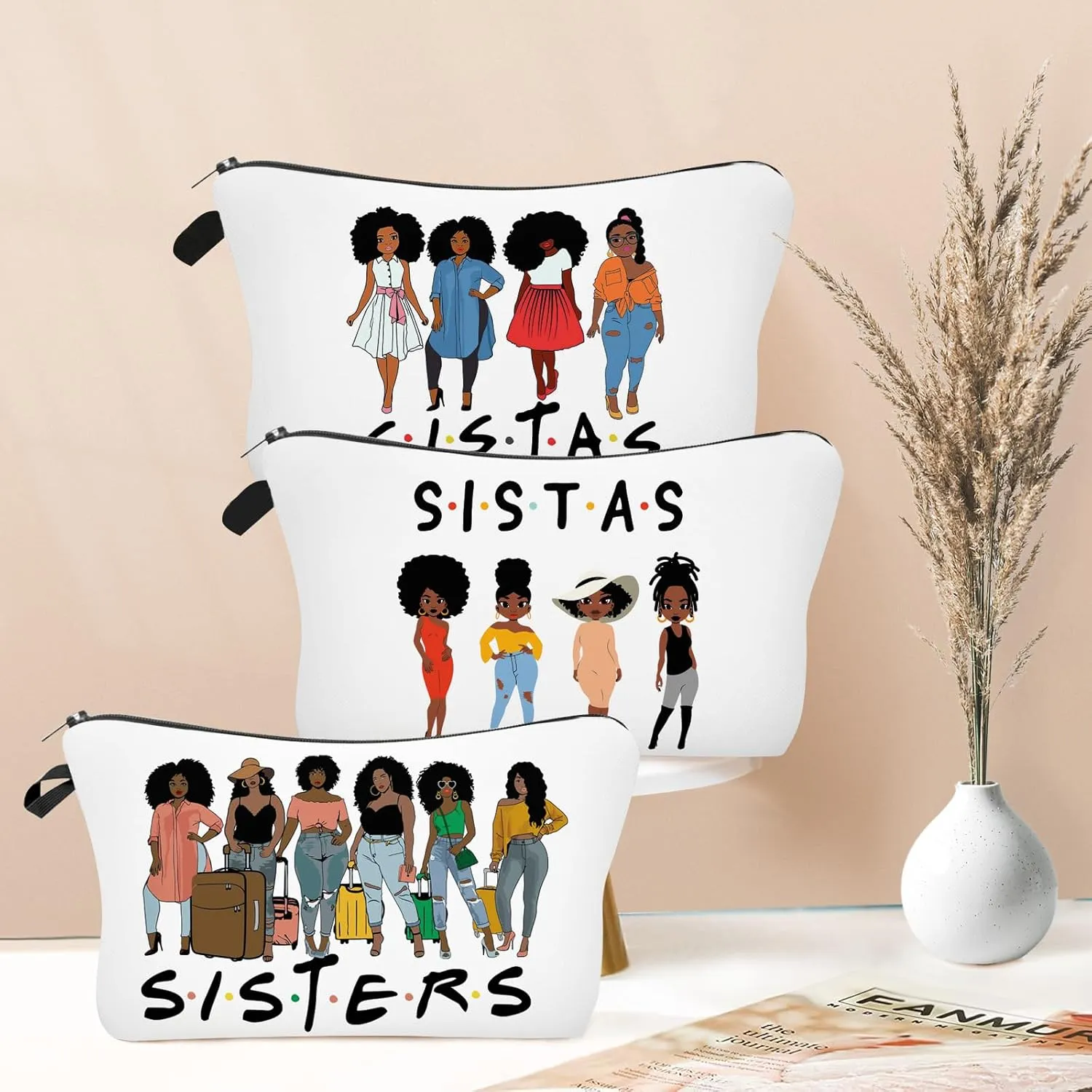3 Pack African American Makeup Bag for Purse, Afro Black Cosmetic Bags for Women, Inspirational and Funny Gifts, Small Travel Pouches, Bulk Cosmetic Cases