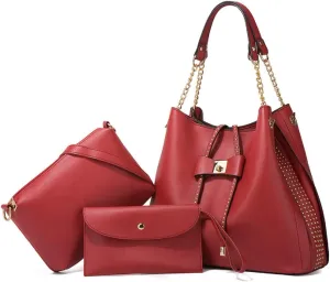 3-PC Tote Bags Faux Leather Purses and Handbags for Women Top-handle Bags Bowknot Shoulder Satchel Hobo Bags