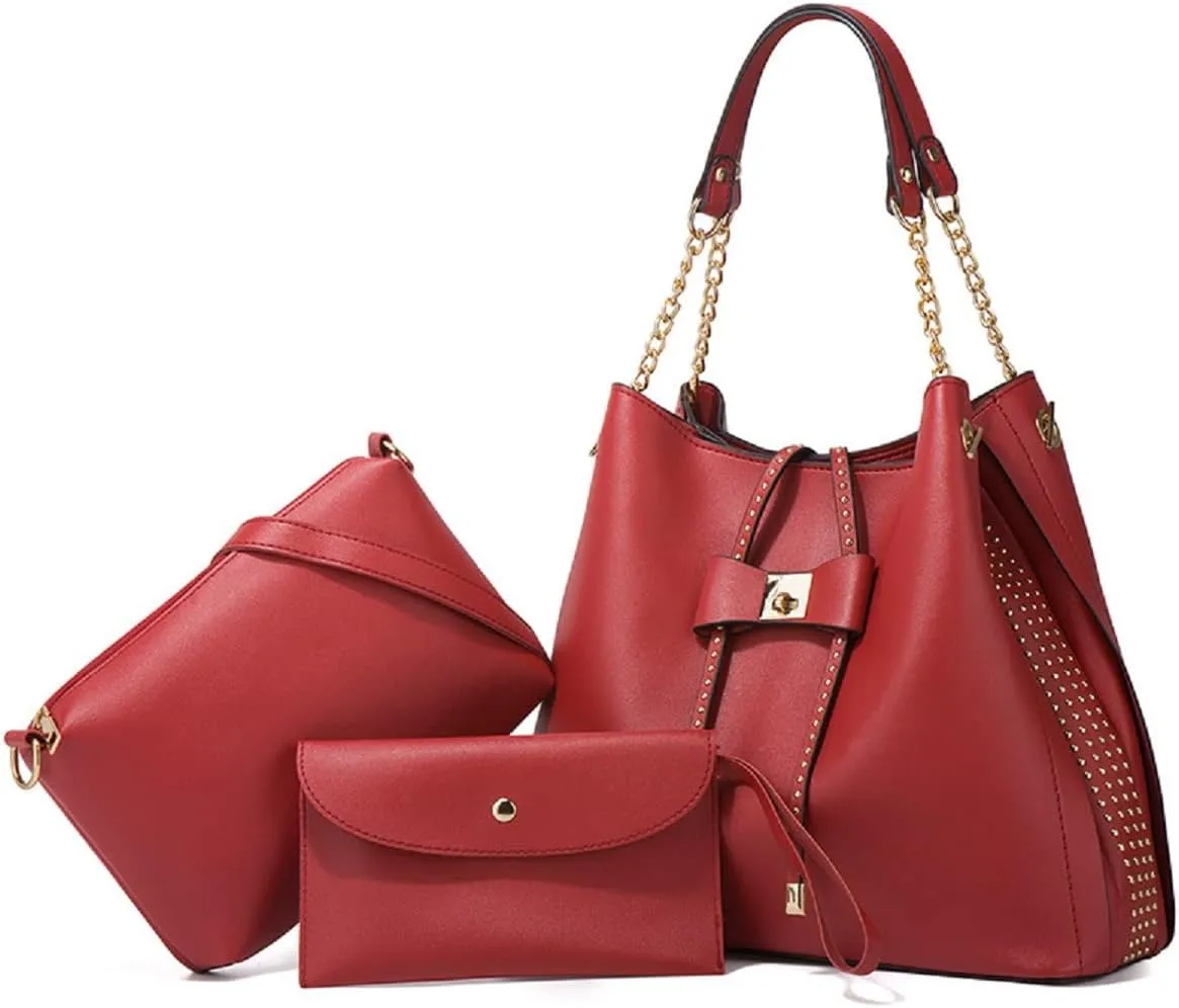 3-PC Tote Bags Faux Leather Purses and Handbags for Women Top-handle Bags Bowknot Shoulder Satchel Hobo Bags